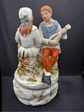 Vintage Price Import Japan Porcelain Music Box Lad Serenading Girl W/ Mandolin